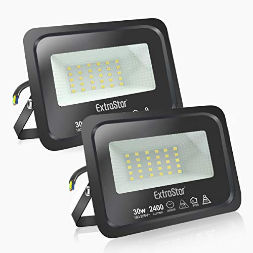 EXTRASTAR Spots LED d'extérieur Puissants Projecteur LED d'extérieur IP65, Jardin, Patio, Parc, Garage, 2 Pièces (6500K, 30W)