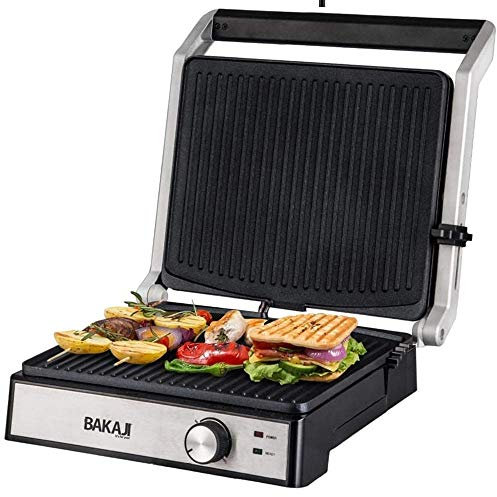 Bakaji Piastra Elettrica Bistecchiera Potenza 2000W Piastre in Alluminio Antiaderente Tostapane Grill Apertura 180 Gradi Termostato Regolabile e Sistema Antigocciolamento per Panini Sandwich