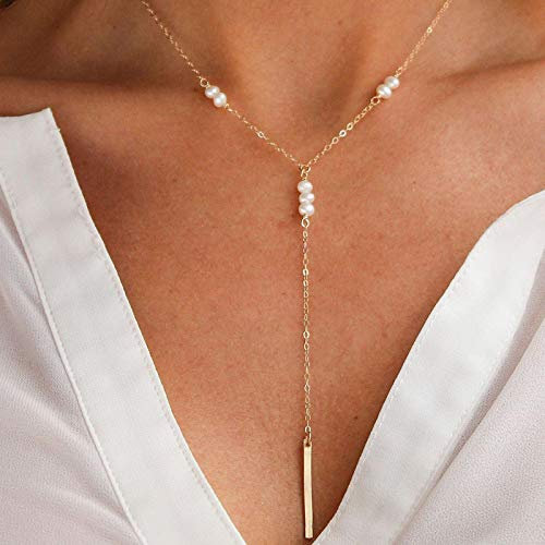 TseenYi Pearls Y Lariat Necklace Gold Pearls Pendant Chain Necklace Classic Pearl Drop Necklaces Bridal Necklace Jewelry for Women and Girls (Gold)