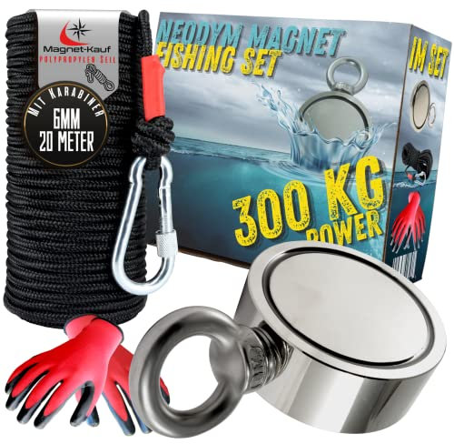 Neodym Magnetangel Set - 60mm - 300 KG Zugkraft - Bergemagnet Magnetfischen Komplettset mit 20m Seil Wasserfeste Handschuhe für Magnet Fischen