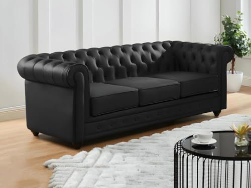 Vente-unique-Ledersofa 3-Sitzer - Büffelleder - Schwarz - Chesterfield
