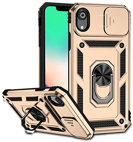Hitaoyou iPhone Case with Camera Cover & Kickstand; Military Grade, Shockproof, Car Mount Holder for iPhone XR - Gold