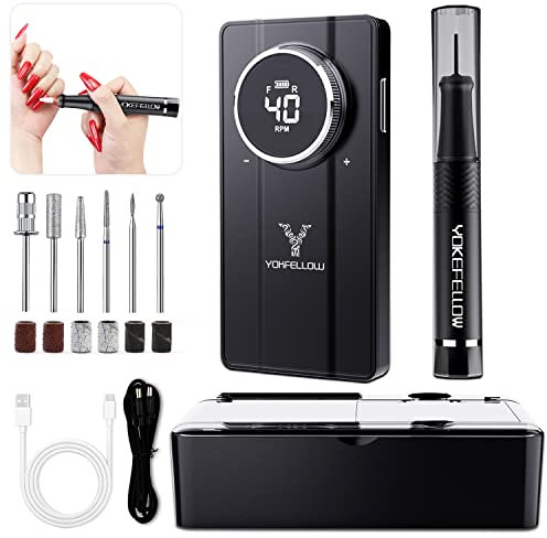 Yokefellow Nail Drill Machine, 40000 RPM Rechargeable & Desktop Portable Electric Efile Drill Machine for Nail Art Manicure/Pedicure Black Grey Silver (Grey)