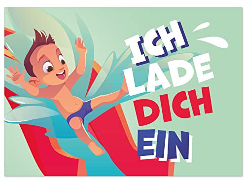 8 Einladungskarten Kindergeburtstag mit Umschlägen, Wasserrutsche Schwimmbad Schwimmen, Karte Geburtstag Einladung zum Ausfüllen