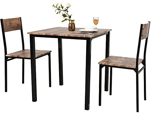 PULUOMIS Dining Table and 2 Chairs, Breakfast Bar Table and Chairs Set 2, 3 Piece Dining Set, Wooden Metal Frame, Modern Design for Home Kitchen Bistro Patio Garden(Brown)