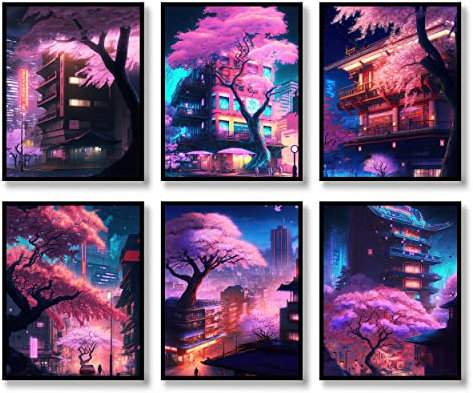 QQQDADA Japanische Wandkunstdrucke Set mit 6 Anime-Postern, abstrakte Illustration, Wandkunst, Comic, Sakura-Bild, modische Leinwandkunst, Wanddekoration (27.9x35.6 cm, ungerahmt)