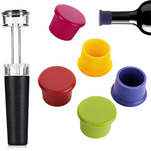 1 Aparato para Quitar el Aire de una Botella Abierta, 5 Tapones de Botella de Silicona Tapa de Sellado para Vino Cerveza Tapón de Botella, Tapones para Bomba Vacía