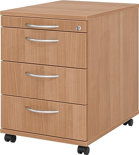 bümö Rollcontainer mit Schubladen, Container abschließbar aus Holz in Nussbaum - Rollwagen für's Büro als Schreibtisch Unterschrank, Bürocontainer od. Schreibtischcontainer mit Bogengriffe