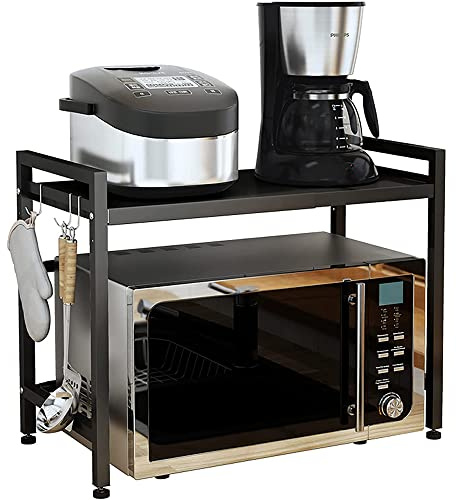 OHMG Etagere Micro Ondes Extensible,Porte-épices,Etagere Micro Onde Vertical avec Crochets,Support de Cuisine Pratique pour Plan de Travail,Organisateur de Cuisine (Noir (40/64 * 45 * 36.5cm))