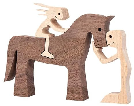 Holzfiguren,Familie Welpe Holz Schnitzerei Ornamente,Katzen Deko,Natürliches Massivholz Niedlich Welpen,Pferd,Kätzchen und Menschen Statue Skulptur,Hand Geschnitzte Home Decor (Paar und Pferd)