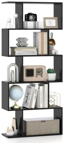 SFAREST 5/6 Tier Bookcase, Wooden S-Shaped Bookshelf, Freestanding Shelving Display Storage Organizer Unit for Living Room Study Room Office (Black, 70 x 24 x 158cm)