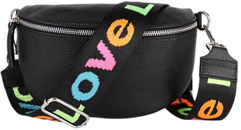 MIRROSI® Bauchtasche Damen, Echtleder, Made in Italy, Umhängetasche, Brusttasche, Crossbody Bag (1 Tasche & 2 Gurte) (Schwarz (Love Schwarz), Kleine Tasche (22x13x6cm))