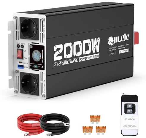 2000W Reiner Sinus Wechselrichter 12V auf 230V Spitzenleistung 4000W Spannungswandler mit Funkfernbedienung Type-C PD30W USB QC3.0 Port 2 EU Steckdose LCD-Display für Solares System Wohnmobil LKW KFZ