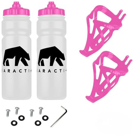 Bearactive Bike Bottle Holder with Bike Bottle 750ml - BPA Free Leak Proof Bicycle Squeeze Bottle with Valve Lid – Lightweight Plastic Bottle Cages with Screws for Road & Mountain Bikes (Pink 2 Pack)