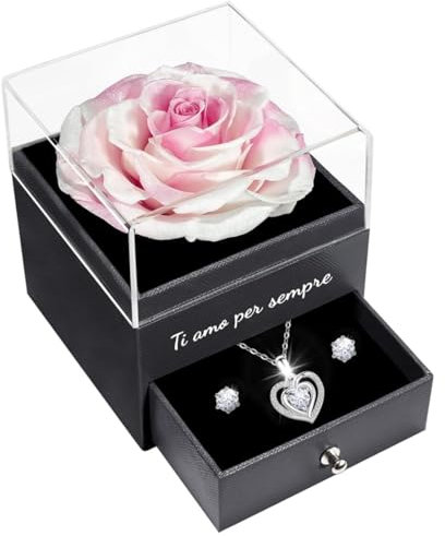 Sunia Rosa Stabilizzata Regalo Donna, Rosa Eterna con Collana Argento 925 Donna con cuore e Orecchini, Ti Amo per Sempre, Regalo Mamma Nonna Fidanzata Compleanno Natale San Valentino Anniversario