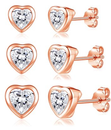 Josfeva Ohrringe Silber 925 Stecker, 3 Paare 925 Sterling Silber Herz Ohrstecker Set mit Zirkonia, Hypoallergen Rosegold 4/5/6mm Klein Schlafen Knorpel Ohrstecker, Ohrringe Stecker für Damen Mädchen