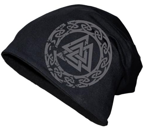 Herren Long Beanie Mütze Wotansknoten GRAU Wikinger Runen Runes Valknut Odin