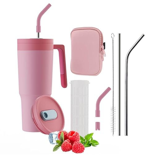 40oz Tumbler with Straw and Handle – Stainless Steel, Vacuum Insulated Travel Cup for Hot & Cold Drinks – Includes Pouch, Fruit Infuser, 2 Straws, Cleaning Brush, Recipe Booklet