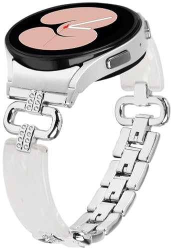 Miimall Armband Kompatibel mit Samsung Galaxy Watch 7/FE/6/5/4 Armband 40mm 44mm, Licht Harz Metall Uhrenarmband Strass Glitzer Damen Ersatzband für Galaxy Watch 6 Classic 43mm 47mm-Silber