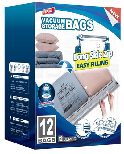 TAILI Vacuum Storage Bags With Long Side Zip 12 Pack 100 x 70 CM Extra Large Vacuum Bags for Clothes, Duvets, Bedding, Travel Reusable Compression Zipper Storage Space Saver