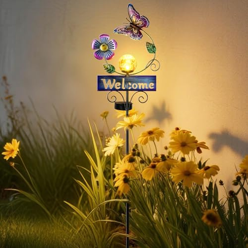 LOVERUIS Garten Solar Außenleuchten Schmetterling Licht mit Crackle Ball Ornamente IP65 Wasserdicht Laternen Dekorative Draußen Balkon Willkommen Tür Zeichen mit Blume Schmetterling Rasen Licht