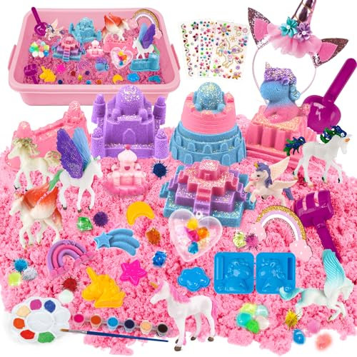 Sable Magique Licorne Fille Jeu de Sable Kit, Bac à Sable Magique, 3 Coloré Sable ave 13 Moule, Jouet Sensoriel de Sable, 6 Licorne Jouet Fille Kit de Peinture, Bandeau, Cadeau d'Anniversaire Enfant
