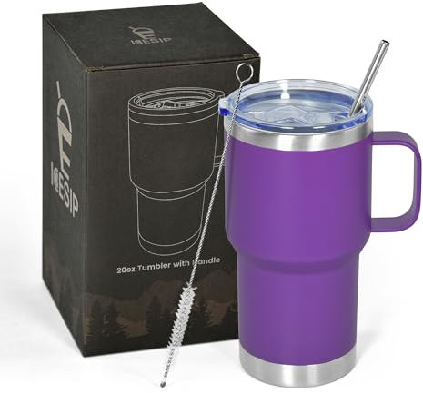 Icesip 20 oz Tumbler with Handle, insulated cup coffee mug with lid, straw and handle, Double Wall Stainless Steel Vacuum Coffee Tumbler travel mug spill proof, 1pcs Purple