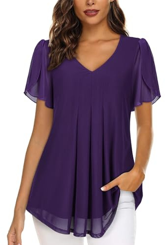 Ladies Tops and Blouses Short Sleeve Tunic Tops for Women UK Loose Fit Elegant V Neck Dressy Shirts for Leggings Summer Flowy Business Casual Work Clothes for Office Soild Color Tops