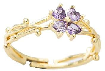 tuwiwol Niche Quatre Feuilles Fleur Anneau personnalisé réglable Ouverture Anneau Femme Violet Quatre Feuilles Fleur zircone Anneau Ouvert Alliage