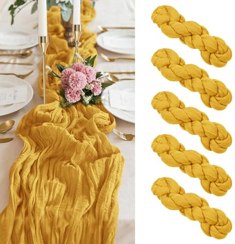 Lot de 5 chemins de Table en étamine Jaune, Chemin de Table en Gaze de 10 Pieds, Chemin de Table Semi-Transparent en Tissu étamine pour Mariage, fête Rustique bohème, fête prénuptiale