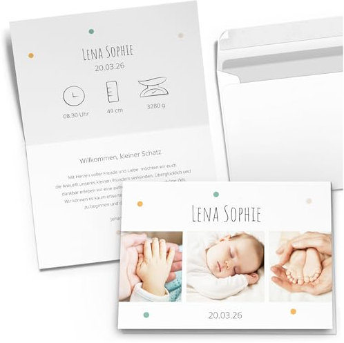 Einladungskarten Manufaktur Hamburg 10 Geburtskarten mit Foto PERSONALISIERT Punkte Dots Jungen und Mädchen Babykarten Geburt individuell Dankeskarten mit Umschlägen