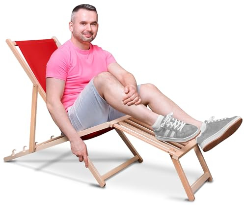 DreamRoots Liegestuhl klappbar Holz mit fußteil bis zu 130 kg belastbar, 3-Fach verstellbare Rückenlehne, waschbarer Polyesterbezug