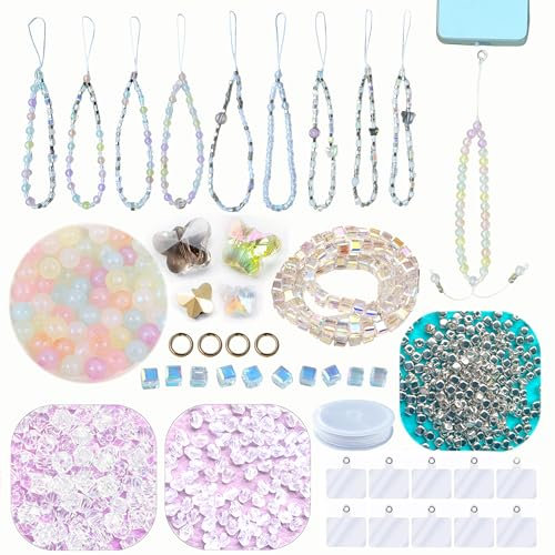 AOUXSEEM Perlen-Handyketten-Bastelset, kann 10 Handy-Handgelenkbänder herstellen, verschiedene Kristall-Diamant/Schmetterling/Metall/runde Perlen für Mädchen, selbstgemachte Geschenke