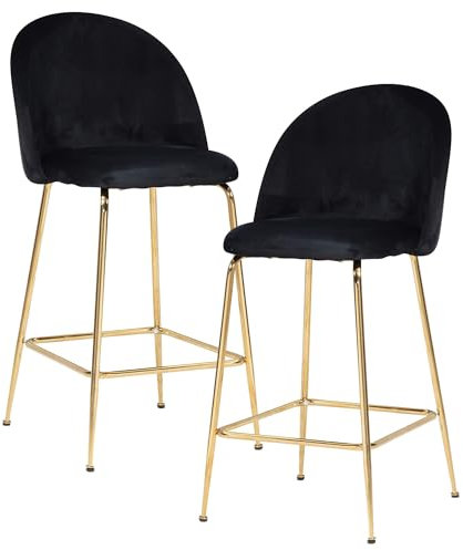 FineBuy 2er Set Barhocker Samt Hocker mit Lehne & goldenen Beinen, Küchenhocker Skandinavisch Stoff/Metall 110 kg, Design Barstuhl Tresenhocker, Bistrohocker Gepolstert Schwarz