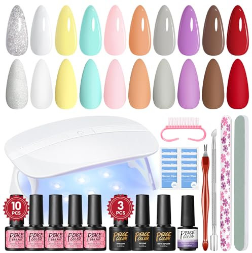 PEACECOLOR Gel Nail Polish Set with Lamp 6W 10 Colors Polish Set Base Coat Glossy and Matte Top Coat Manicure Art Tools for Beginners at Home Gel Nail Kit
