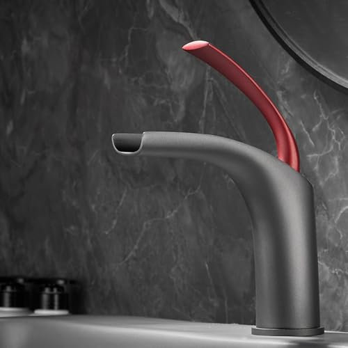 BiaoTeng Waschbeckenarmatur Bad Wasserfall Einloch Warm und Kalt Messing Bad Armatur Waschbecken Wasserfall Grau + rot Niedrig