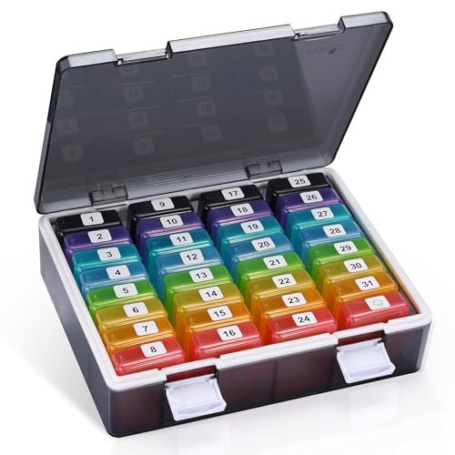 Fullicon Monthly Pill Box Organiser 1 Time a Day with 32 Compartments, 30 Day Pill Box Organiser with Labels, Portable Pill Box Monthly for Vitamin, Fish Oil, Supplements (Black/Rainbow)