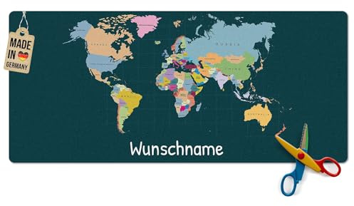 Pr Print Royal Schreibtischunterlage selbst gestalten mit Name - Weltkarte mit Ländern - Waschbar, Personalisierte Geschenke zur Einschulung | 90x40 cm, Rutschfest
