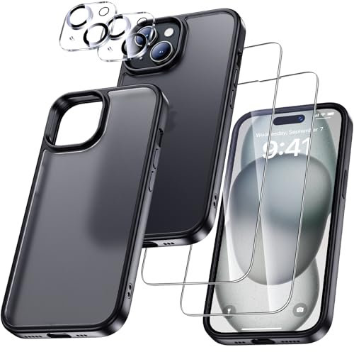 UniqueMe für iPhone 15 Hülle, 5-in-1-Set Handyhülle für iPhone 15 Case Rundumschutz Schutzhülle Cover,1 Handyhülle & 2 Schutzfolie & 2 Kameraschutz - Matt Schwarz