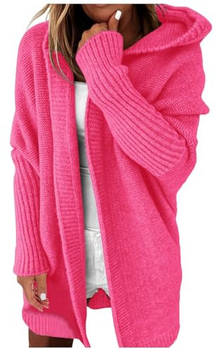 Cardigan da donna, lungo, invernale, a maglia grossa, spessa, con cappuccio, oversize, a maniche lunghe, per il tempo libero, rosa intenso, S