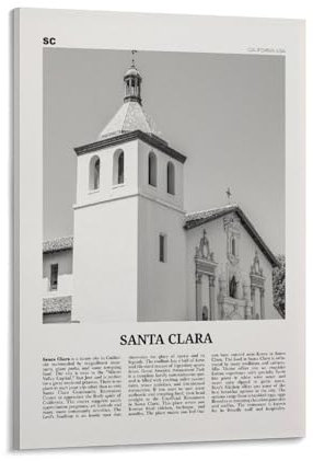 LZTEN Santa Clara Druck Schwarz und Weiß, Santa Clara Wandkunst, Santa Clara Poster, Santa Clara Foto, Santa Clara Wanddekoration, Kalifornien, USA Leinwand Wall Ar