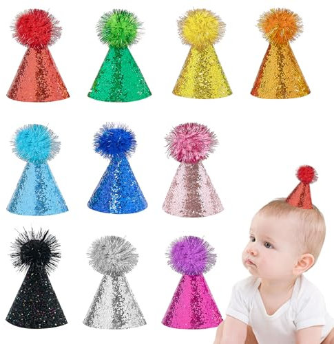 JpGdn Mini-Partyhut mit verstellbarem Kopfband, Glitzer, wiederverwendbar, Happy Birthday-Hüte, Kindergeburtstagszubehör, Dekorationen, Pom-Pom-Party-Hüte für kleine Kinder, 10 Stück