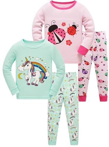 SOIBEEN Girls Pyjama Set Long Sleeve T-Shirt & Pants Loungewear Ladybug Unicorn PJs for Kids Sleepwear Pyjama Nightwear 8 Years 4-Piece Set