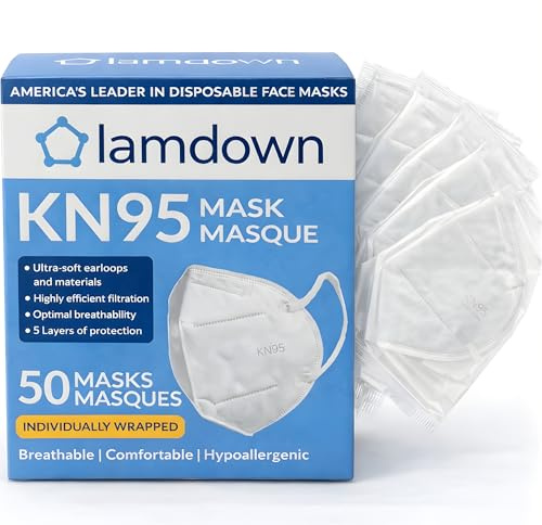 Lamdown (50-Pack) KN95 Face Masks, Individually Wrapped, Premium Disposable Dust Mask, White