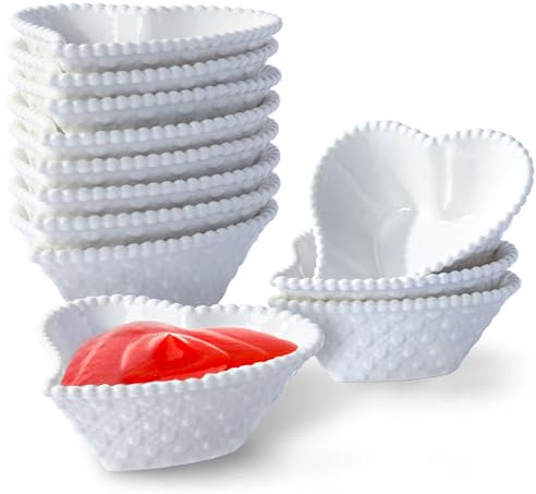UIBFCWN Herzförmiges Keramik Dip Schüsseln Set von 12, 1.7 Oz Weiß Dip Pinch Schüssel, Saucenschalen, Sojasauce Gerichte, Mini Schüsseln für Charcuterie Board, BBQ, Fingerfood Gewürzschalen