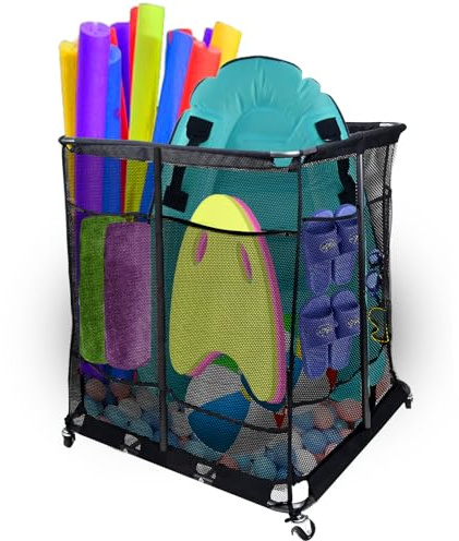 Pool Float Storage Organizer with 2 in 1 Mesh Storage Cover, XXL Nylon Mesh Pool Storage Bin Pool Float Toy Holder with Metal Frame and 360° Wheel for Pool Noodles Toys Floats Balls Equipment (L)