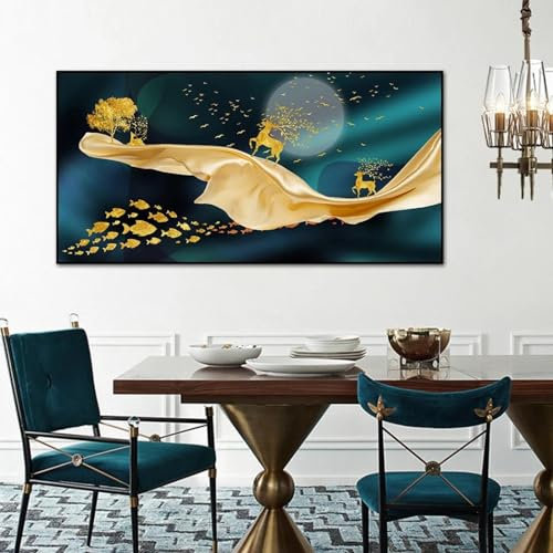 ZHUOYA Luxuriöses Wandkunst-Leinwandgemälde, abstrakt, goldener Geldbaum, Elch, Vollmond, Poster und Drucke, dekorative Bilder für Zuhause, 20 x 40 cm, rahmenlos