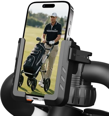 Golf Push Cart Phone Holder with Security Double Lock, Hands-Free 360° Rotatable Phone Mount Compatible with Clicgear, Sun Mountain, Caddy, Bag Boy,Golf Push Cart Accessories for Cell Phones