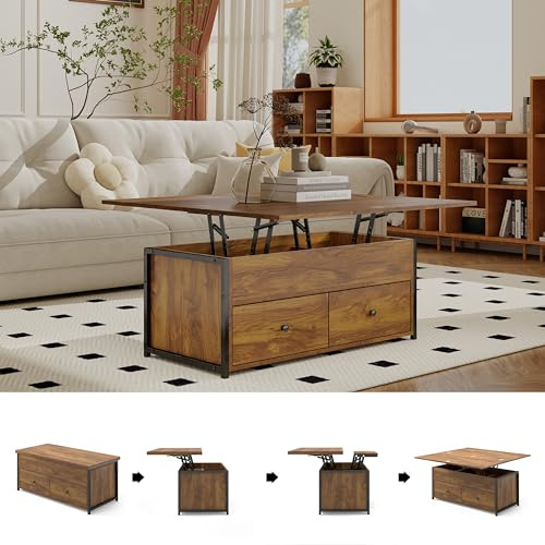 Manora Höhenverstellbarer Couchtisch Dunkelbraun mit Stauraum,Vintage Möbel,Beistelltisch Couch,Wohnzimmertische mit schublade,Esstisch ausziehbar,Retro Möbel (Braun)