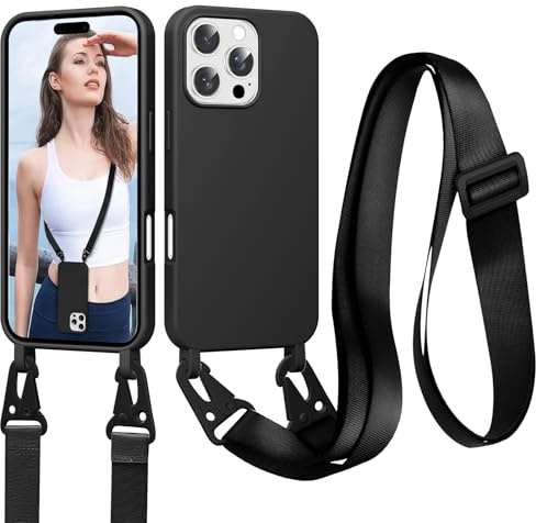 Jrkvniv Coque pour iPhone 16 Pro avec Cordon, Collier pour Étui en Silicone Liquide avec Portable Sangle Réglable Bandouilière Lanyard Colliers, Housse Anti-Choc Case iPhone 16 Pro, Noir
